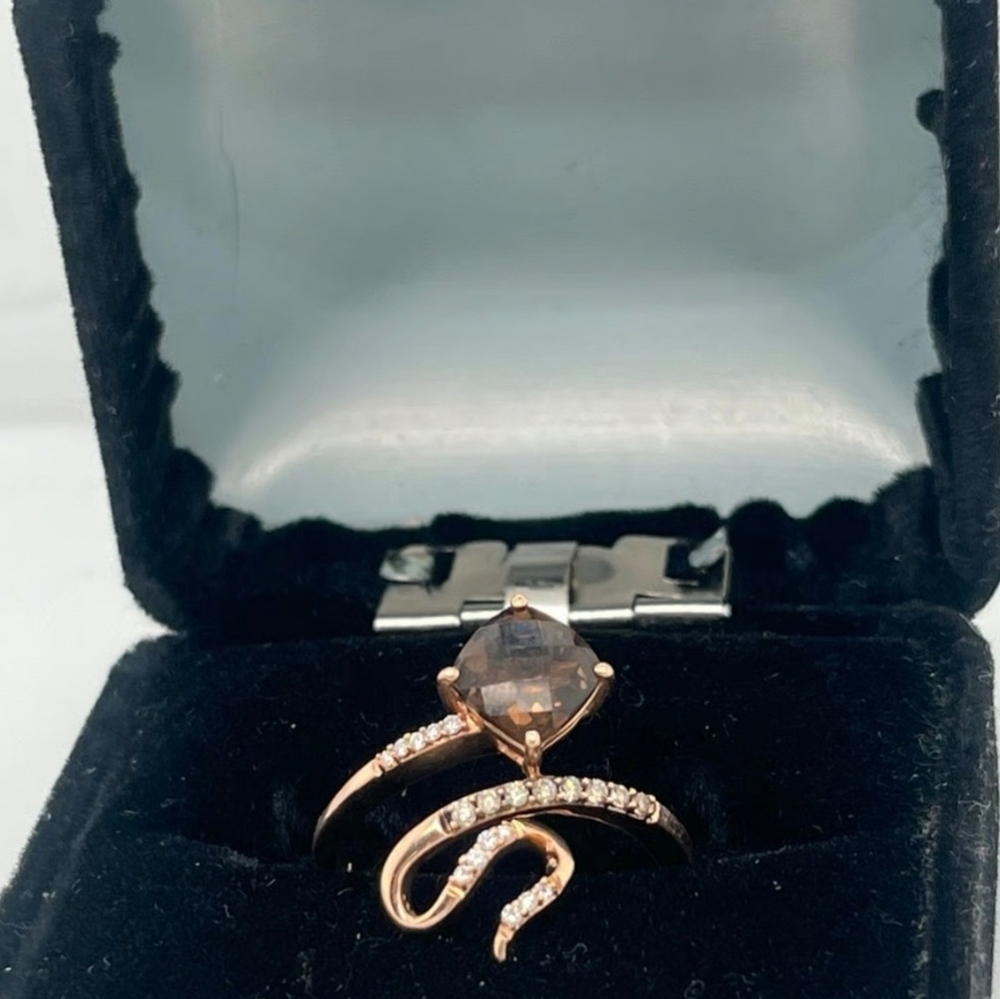 LeVian solid 14k genuine STRAWBERY GOLD/white diamonds/chocolate quartz ring - Picture 2 of 6